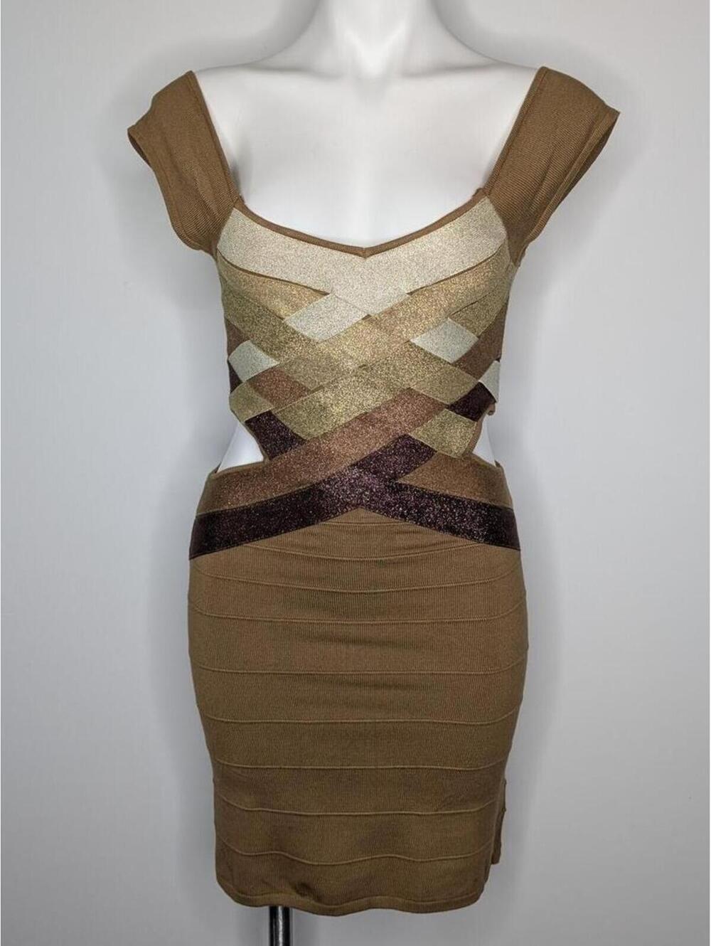 2b Bebe Gold Brown Bronze Strappy Stretch Bandage Mini Dress M